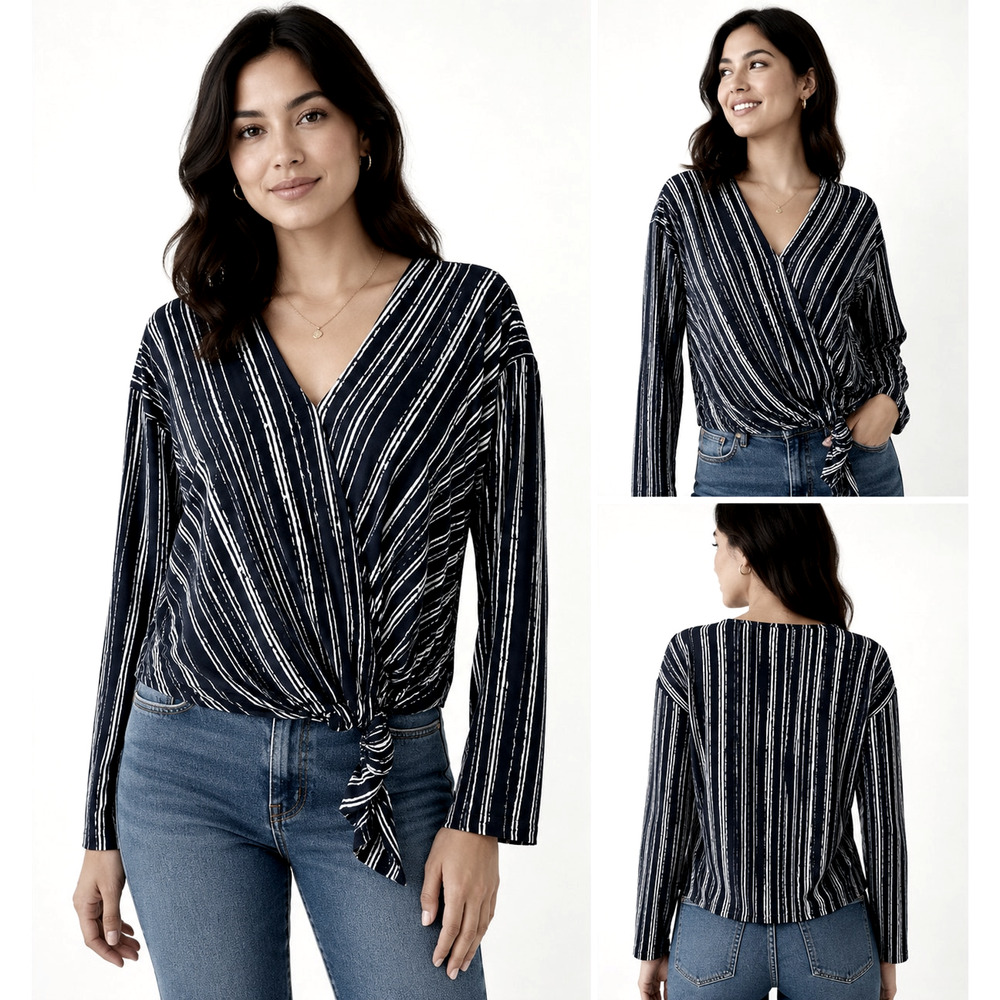 Astr the Label Faux Wrap Top Black Stripe Side Tie Casual Office Career Chic Sm